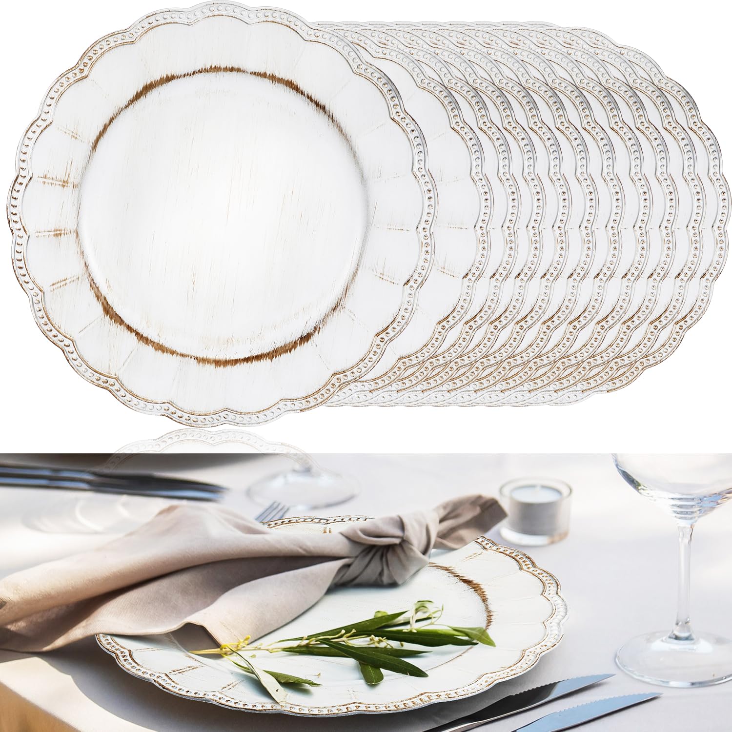 Photo 1 of Dandat 18 Pcs Antique Charger Plates 13'' Retro Dinner Round Bead Rim Heavyweight Embossed Plastic Disposable Plates for Wedding Party Bridal Shower Anniversary First Communion Birthday(White)