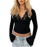 CSDAJIO Women's Lace Deep V Neck Long Sleeve Low Cut Crop Top Slim Fitted T Shirt Fall Going Out Shirts