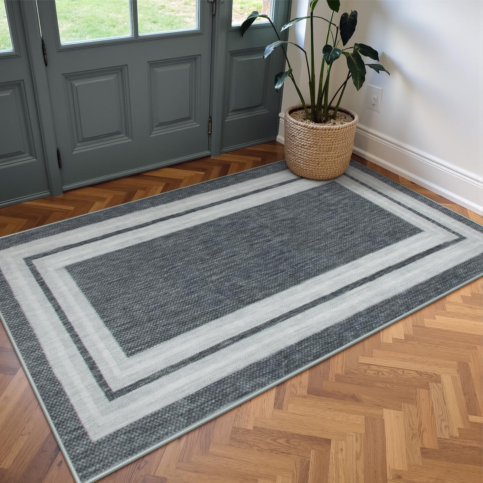 Photo 1 of OJIA Modern Bordered Washable Rug 3'x5', Non Slip Throw Rugs for Entryway Soft Bedroom Entry Mat Non-Shedding Accent Rugs Indoor Door Mat Small Carpet for Kitchen Bathroom Office