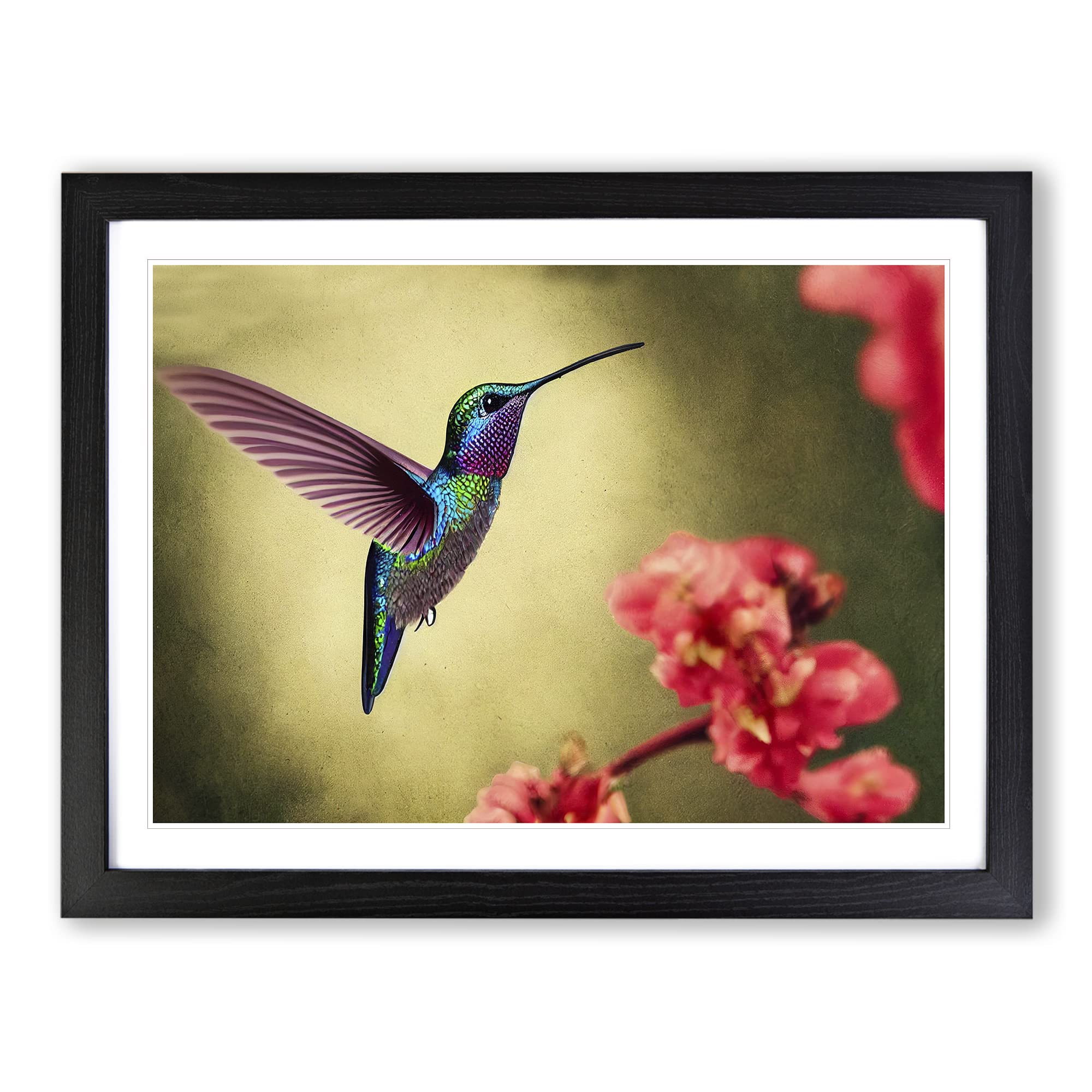 Electrifying Floral Hummingbird Framed Print | A3 Black Framed Wall Art | Ready to Hang | Modern Floral Picture | Living Room Bedroom Lounge Office