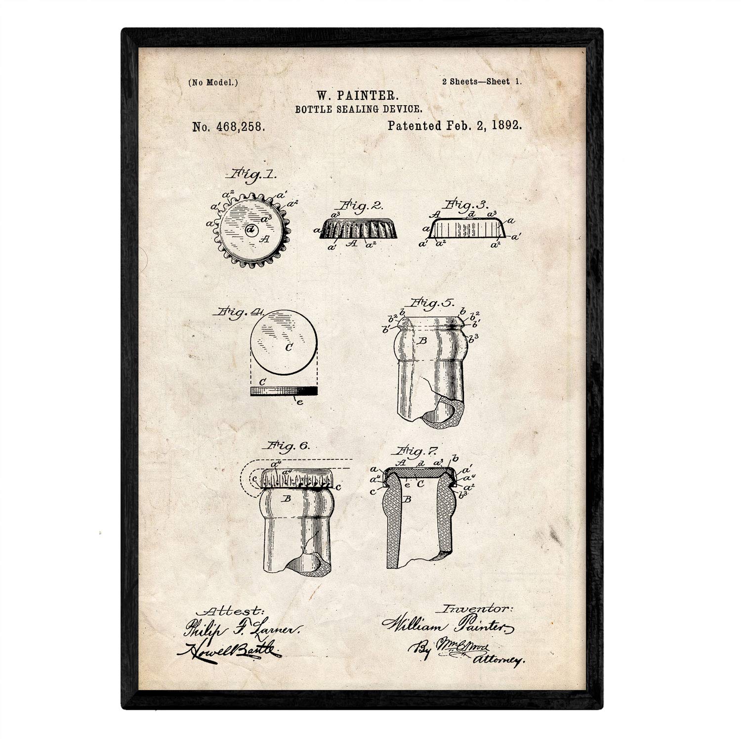 Nacnic Poster with Patent Bottle Cap. Sheet with old design patent in A3 size and vintage background