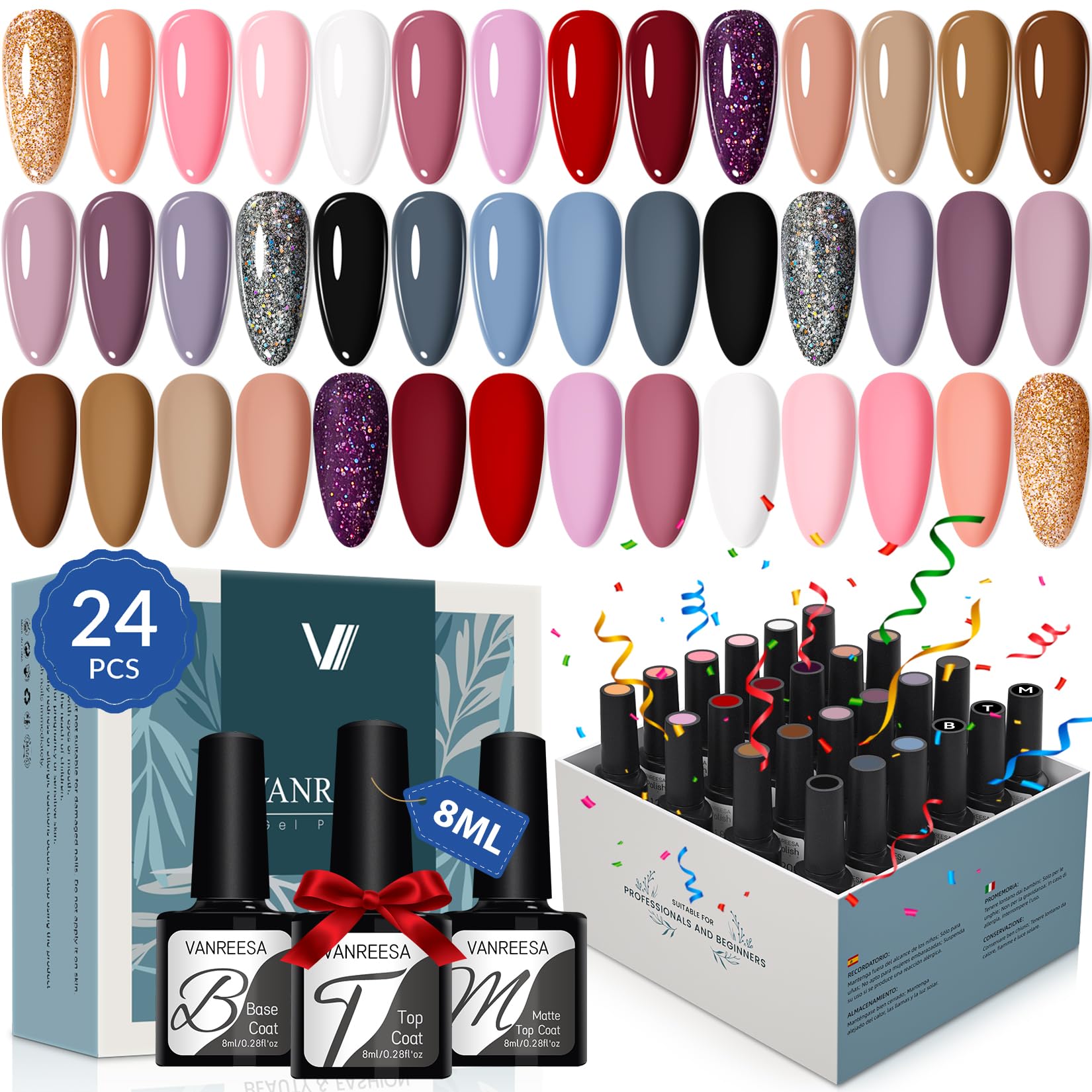 VANREESA 24 Pcs Gel Nail Polish Set-21 Fall Winter Colors Gel Nail Polish with Base Coat Glossy Matte Top Coat Gel Polish Set Nude Pink Red Brown Glitter Gel Polish Kit Gifts for Women Girls