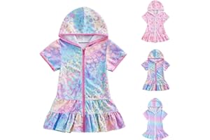 Girls Bathing Suit Cover Up Toddler Kids Hooded Leopard Swimsuit Coverup Zipper Short Sleeve Beach Bathing Suit Wraps
