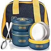 Dandat 3 Pcs Portable Insulated Lunch Container Set for Adult Kids, Stackable Stainless Steel Bento Box for Hot Food with Insulated Lunch Bag Unisex 3 Separate Thermal Food Container