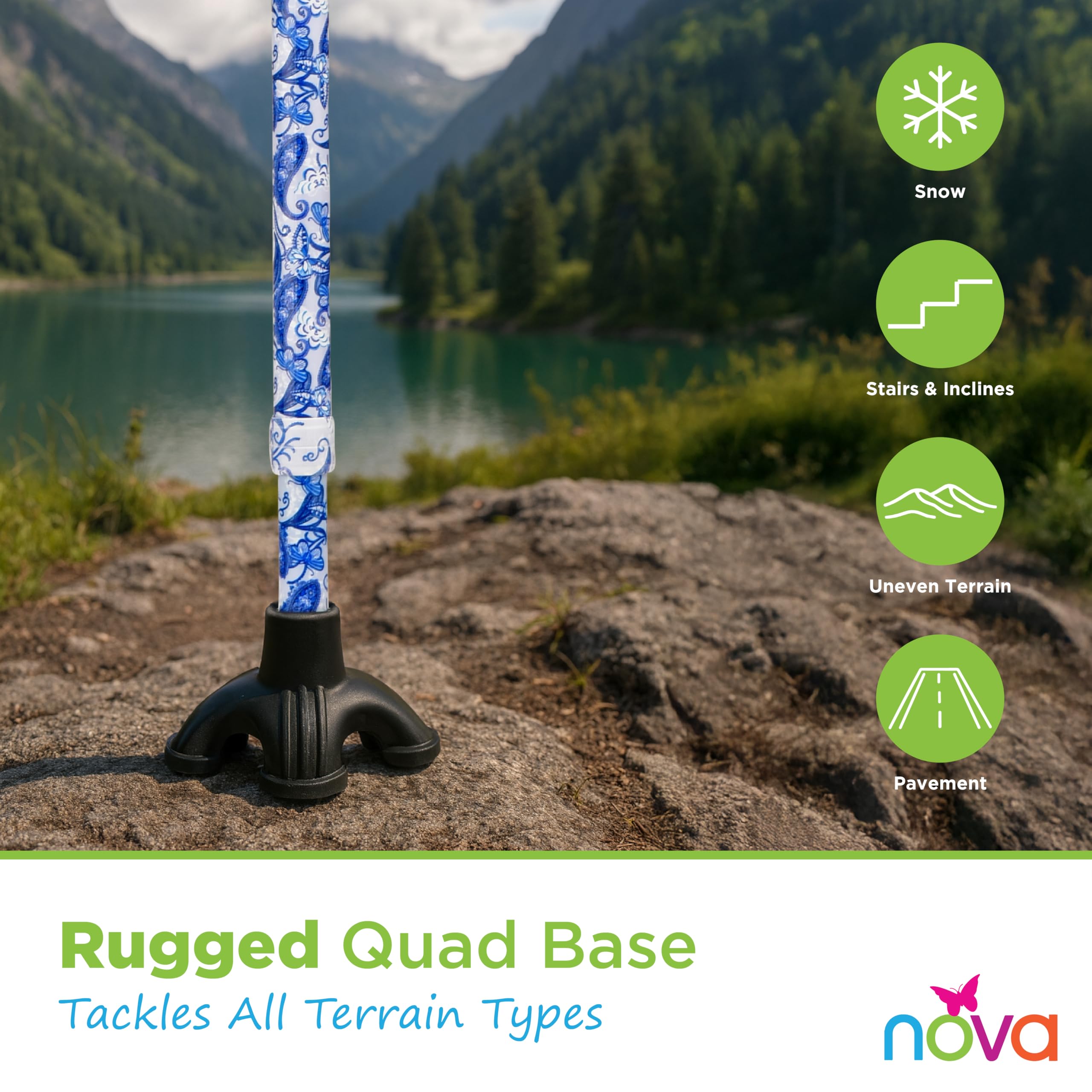 Nova Joy Designer Offset Quad Cane for Seniors - Unisex Adjustable Lightweight Walking Aid with Foam Handle, Wrist Strap and Anti-Rattle Lock - Essential Mobility Support - Porcelain