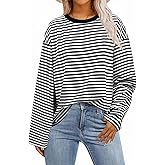 ZTMZA Womens Oversized Striped Long Sleeve Shirt Crewneck Sweatshirt Color Block Loose Pullover Top Teen Girl Y2K Clothes