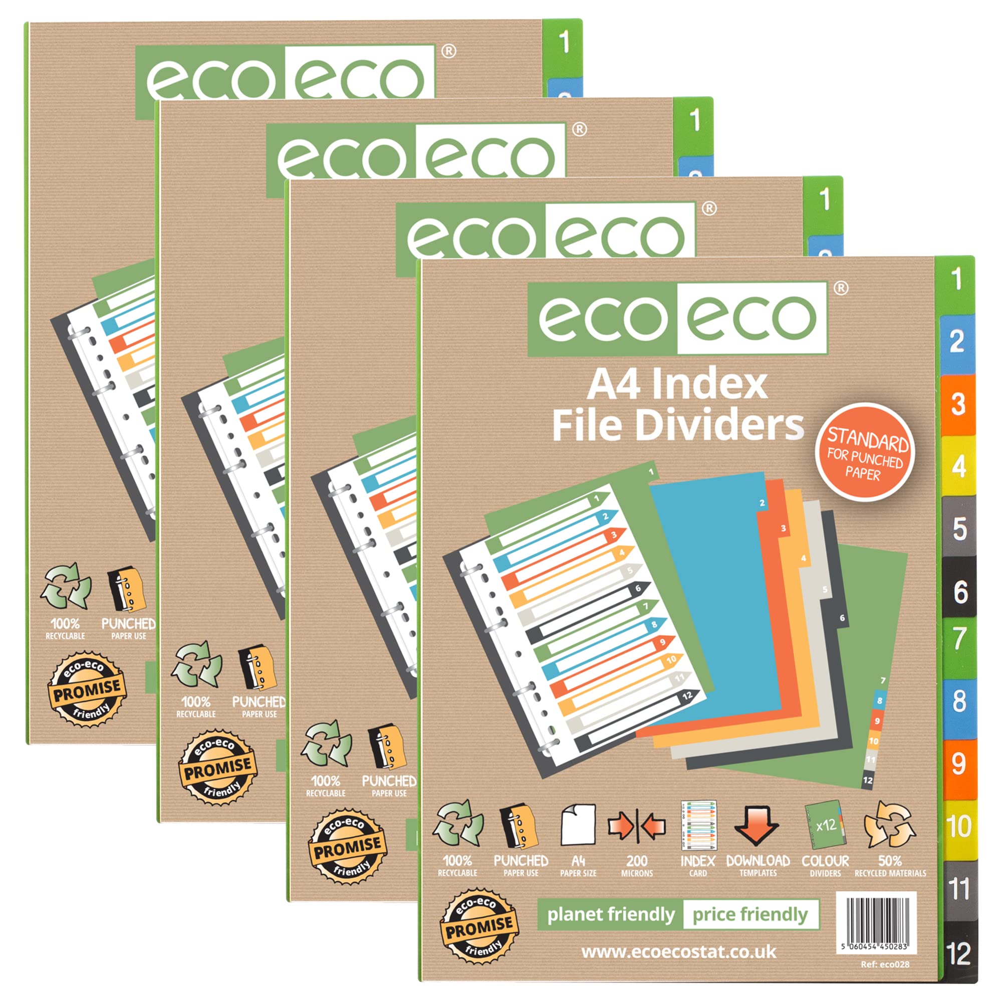 eco-eco A4 50% Recycled Multipunched Reinforced Colour Recycled Set 12 Index File Dividers 200mic (Pack of 4), eco028x4, a4 Standard 12pk x 4 Sets