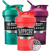 BlenderBottle Classic V2 Shaker Bottle Perfect for Protein Shakes and Pre Workout, 20-Ounce (3 Pack), Red, Green, Plum
