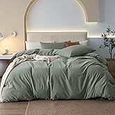 JIYUAN 100% Washed Cotton Duvet Cover Set 3 Pieces King, 1 Duvet Cover 104x90 Inches(Comforter Not Included) and 2 Pillowcases,Linen Feel Bedding Set Comfy and Breathable, Heathered Green