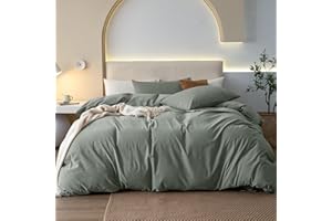 JIYUAN 100% Washed Cotton Duvet Cover Set 3 Pieces Queen, 1 Duvet Cover 90x90 Inches(Comforter Not Included) and 2 Pillowcases,Linen Feel Bedding Set Comfy and Breathable, Heathered Green