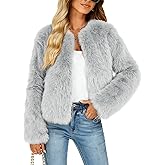 Funlingo Women's Faux Fur Coat Winter Warm Cropped Jacket Trendy Long Sleeve Crew Neck Zip Up Outerwear