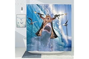 DESIHOM Funny Cat Tall Shower Curtain Set Cat Riding Shark Theme Ocean Shower Curtains for Bathroom Fun Nautical Kids Bathroom Decor Polyester Fabric-72" x 78"