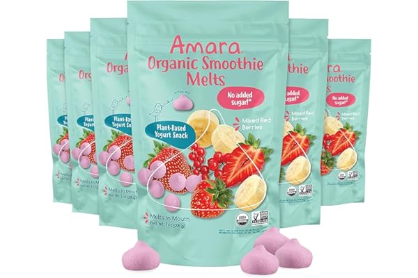 Amara Smoothie Melts - Mixed Red Berries - Baby Snacks Made With Fruits and Vegetables - Healthy Toddler Snacks For Your Kids Lunch Box - Organic Plant Based Yogurt Melts - 6 Resealable Bags