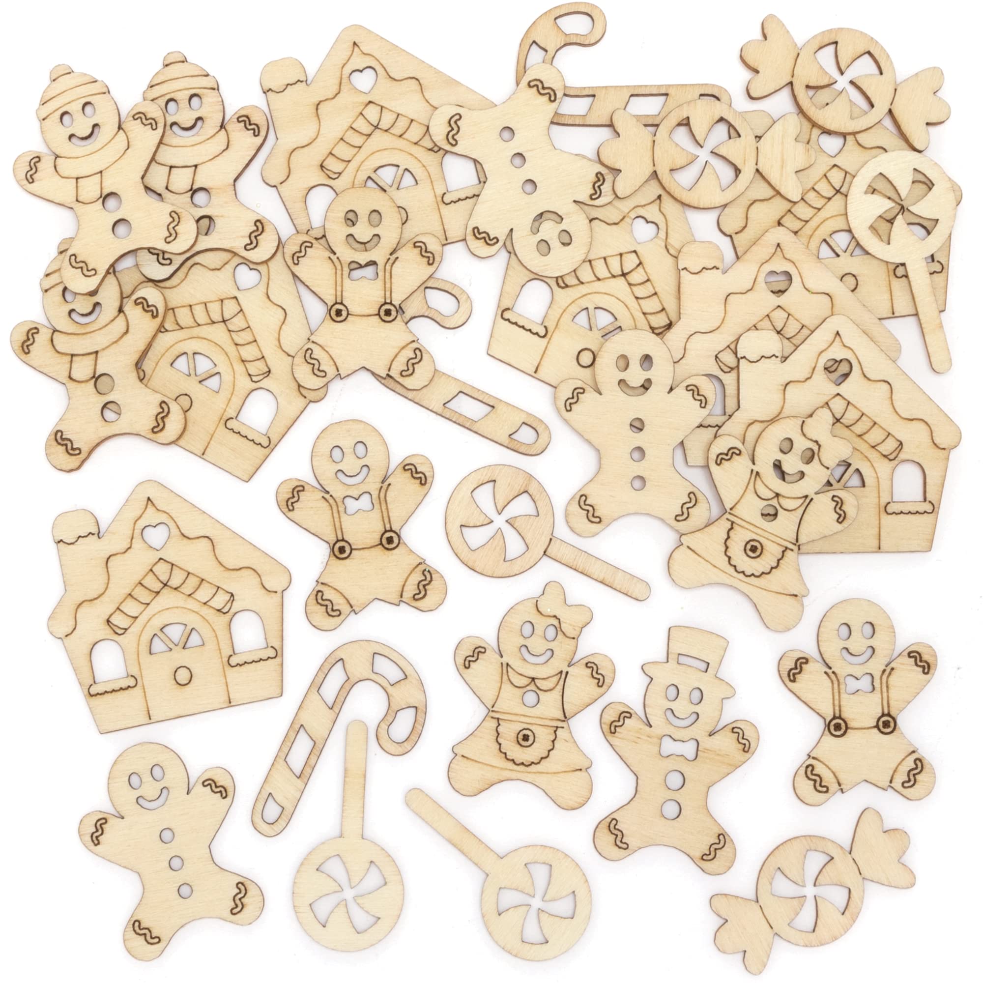 Baker Ross FE936 Gingerbread Mini Wooden Shapes - Pack of 72, Embellishments for Crafting, Craft Supplies for Children, Ideal for Kids Arts and Craft Projects