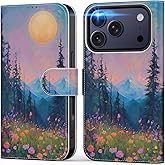 DEENAKIN for iPhone 17 Pro Wallet Case with Card Holder + Cash Clip, RFID-Blocking, Military-Grade Drop Protection, Magnetic Closure with Leather Kickstand - Mountain Blossom Glow