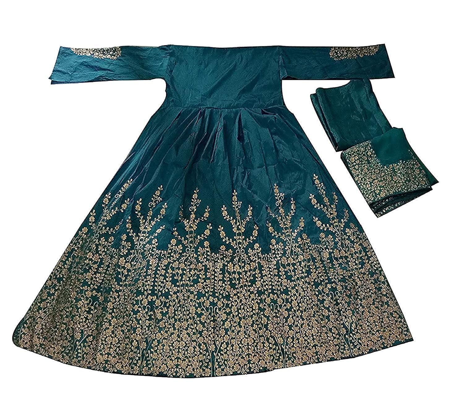 omkar fab women's taffeta silk anarkali embroidered gown (green)