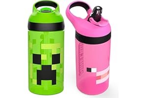 Zak Designs Minecraft Kids Water Bottle with Straw and Built in Carrying Loop Set, Made of Plastic, Leak-Proof Water Bottle Designs (Creeper/Pig, 16 oz, 2pc Set)