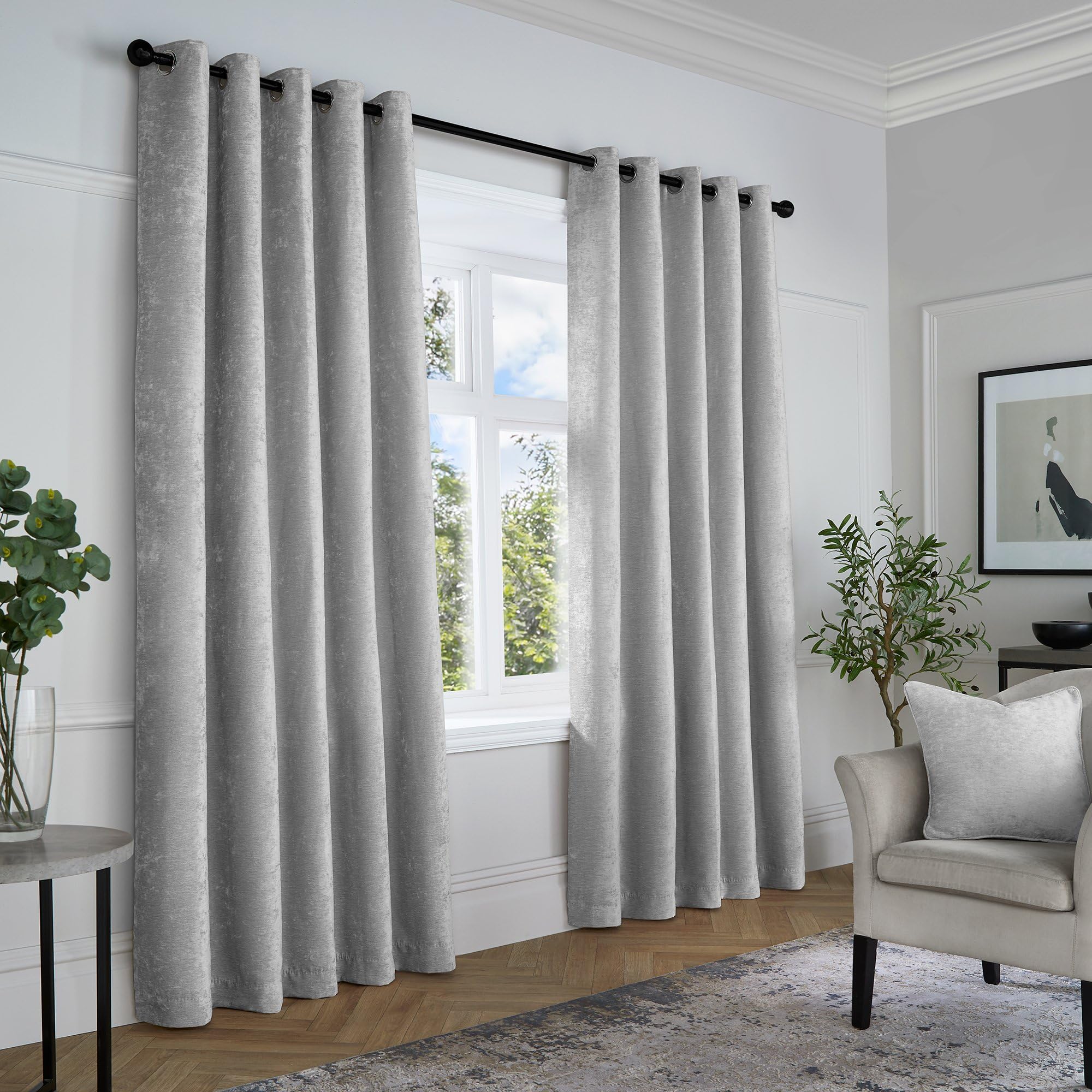 Curtina Grey Woven Eyelet Curtains W66 x L90" (168 x 229cm) - Textured Chenille Drapes in Silver Grey - Luxury Window Treatments for Bedroom/Living Room
