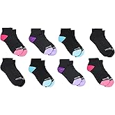 Fruit of the Loom Girls' 10-Pair Everyday Soft Ankle Socks, Black/Multi, Shoe Size 10.5-4