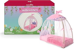 American Girl WellieWishers 14.5-inch Doll Royal Canopy Bed Playset with Mesh Drapes, Flag, and Blanket, For Ages 4+