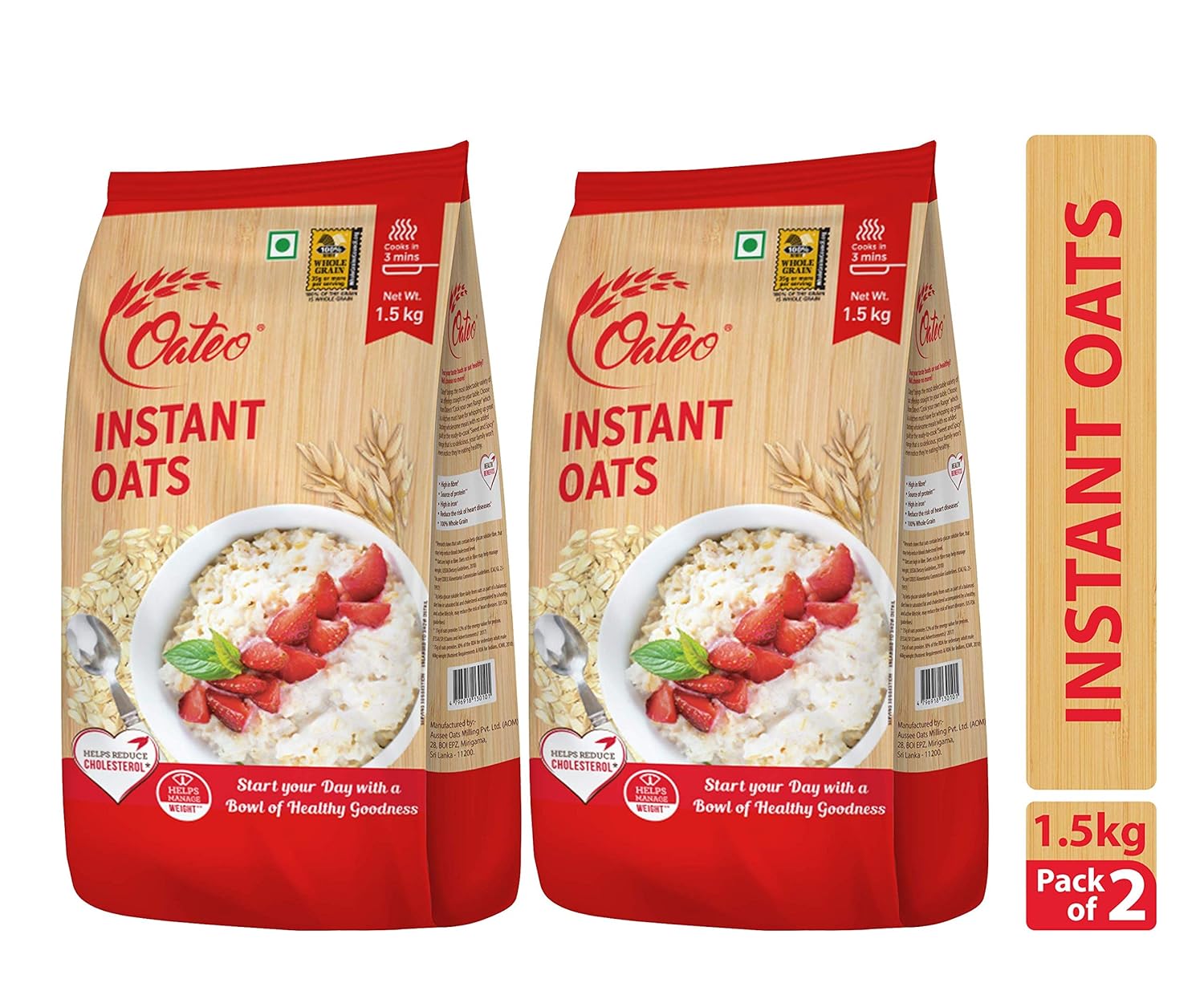 Oateo Instant Oats 3 Kgs (1.5 Kg Pack x 2) Whole Grain, High in Fibre