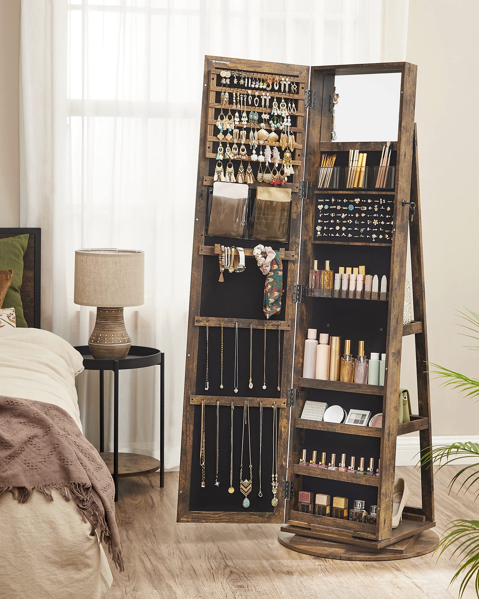 SONGMICS SONGMICS 360° Swivel Jewelry Cabinet, Lockable Jewelry Organizer with Full-Length Mirror, Rear Storage Shelves, Interior Mirror, Jewelry Armoire, Gift Idea, Rustic Brown UJJC006X01