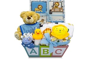 Deluxe 15-Piece New Baby Gift Basket | Newborn Baby Boy Gift Set with Baby Essentials | Baby Gift Basket for Expecting Moms & Parents | Blue Baby Gift Set with Dinosaurs | Nikki's Gift Baskets