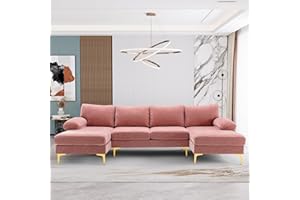 Wrofly U Shaped Sectional Couch for Living Room, Convertible L Shaped Velvet Modular Sofa with Double Chaise Lounge, Modern Comfy Oversized 4 Seater Sleeper Sofa Furniture Set (Pink)