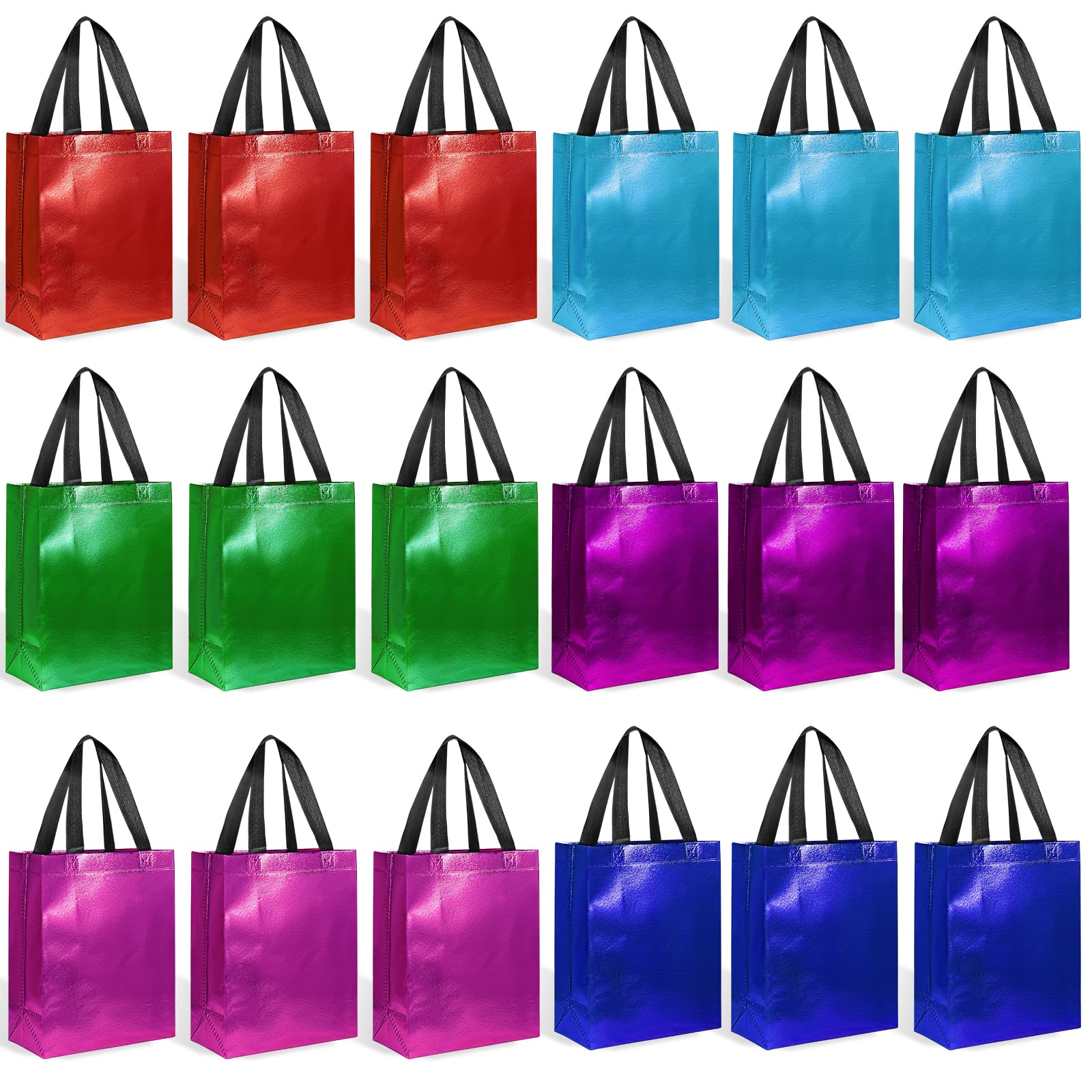 Photo 1 of ?18-Pack Mixed Colors? Reusable Gift Bags with Handles, Bulk Goodie Bags for Valentines Day, Baby Shower, Birthday, Party Favors, Wedding, Holiday Goodie | 8x4x10 Inches | 18 Bags Total, 3 of Each Color | Eco-Friendly