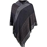 Women's Elegant Knitted Shawl Poncho with Fringed V-Neck Striped Sweater Pullover Cape Gifts for Women Mom