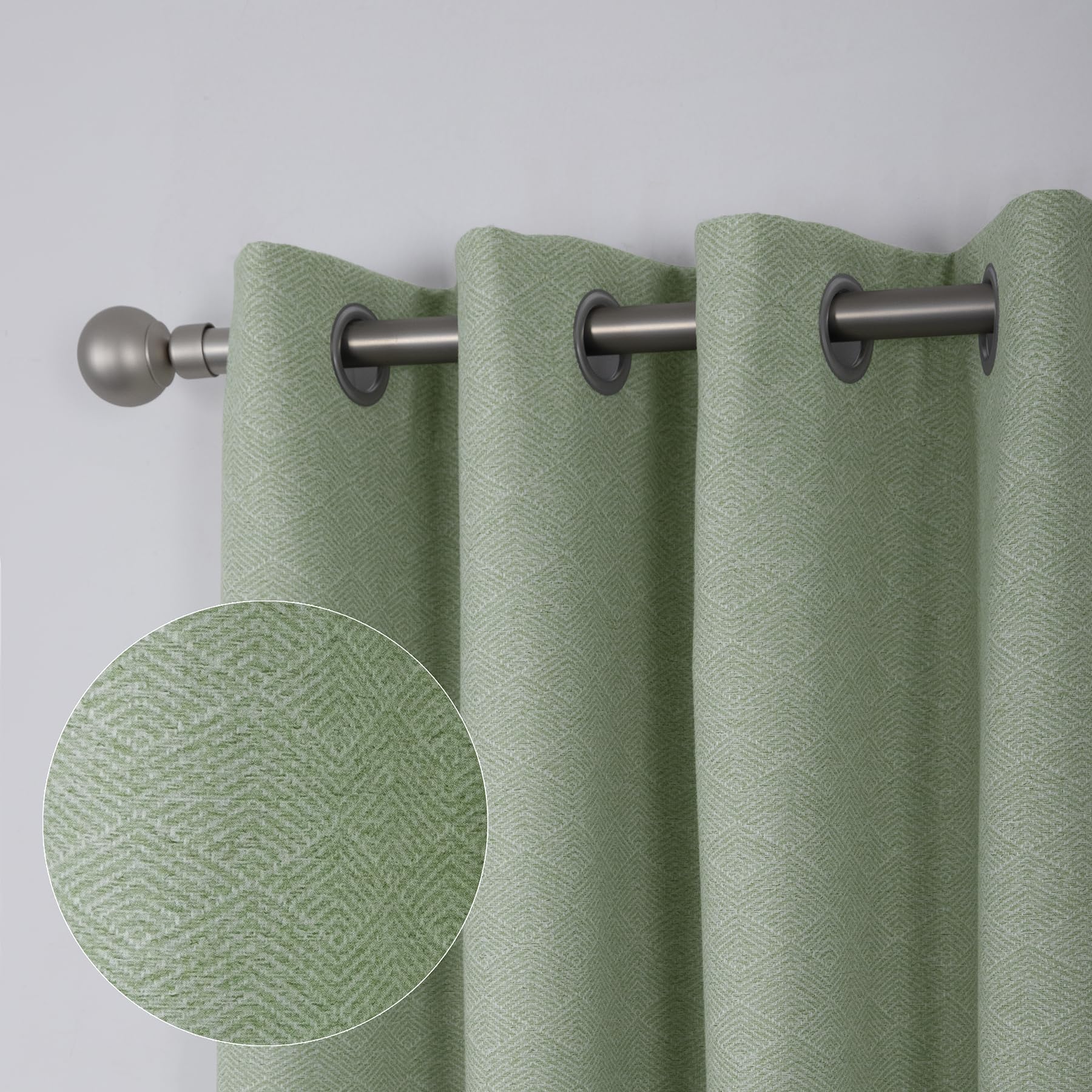 always4u 100% Blackout Curtains Green Geo Jacquard Curtain for Living Room Thermal Modern Scandi Look Texture Window Treatments Eyelet Home Decoration 1 Pair W46*L54