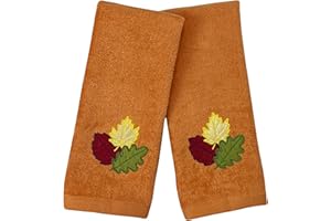 Serafina Home Decorative Fall Leaf Fingertip Towels: Embroidered Gold Burgundy Green Leaves Design on Plush Orange, 2 Piece Set, 12" x 18" Inch Each (Fall Leaf)