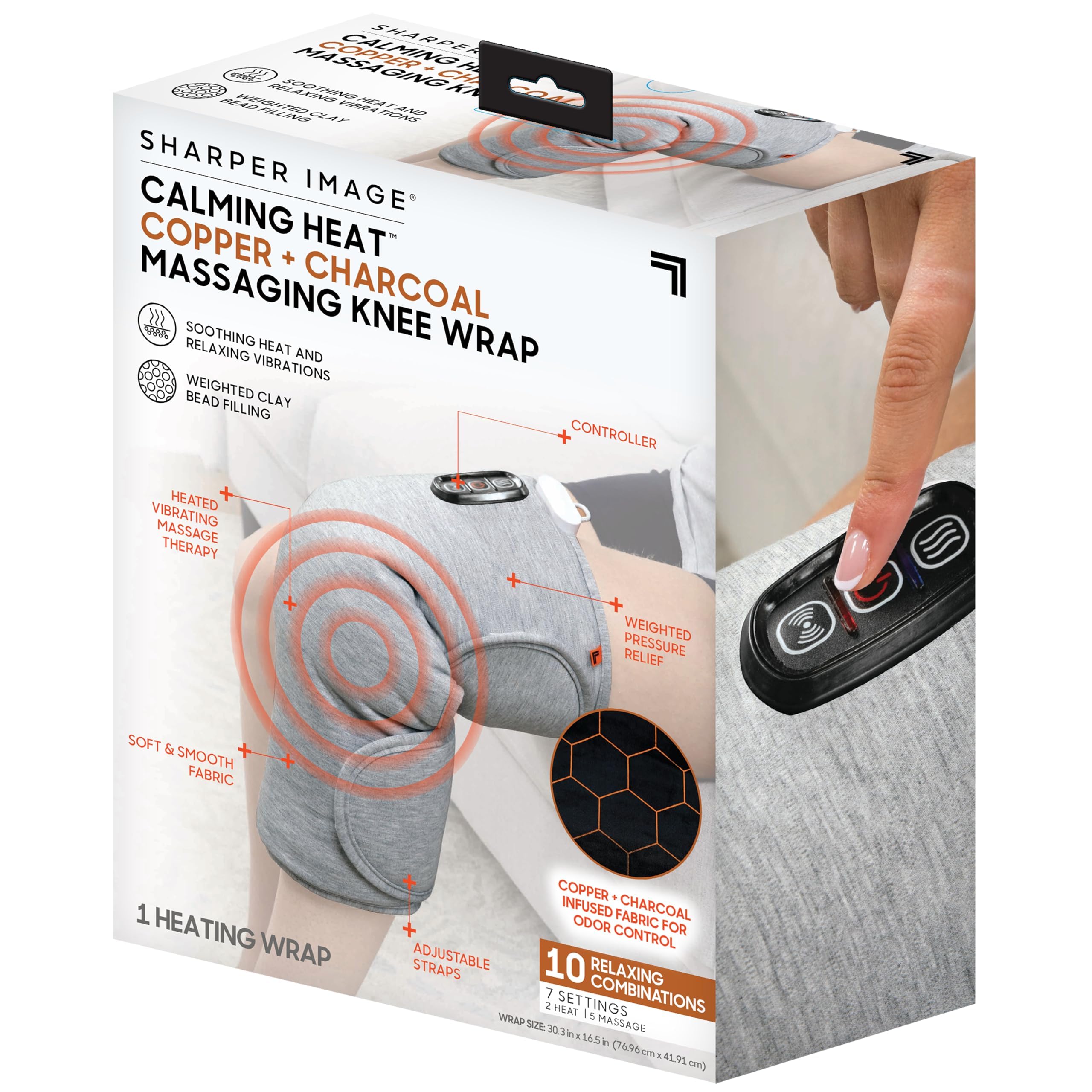 Photo 1 of Calming Heat Knee Wrap by Sharper Image | Weighted Copper & Charcoal, Heating Pad, Auto Shut-Off Feature, Gift for Holidays, Women & Men | 2 Heat & 5 Vibrating Massage Settings, 30.3” x 16.5”