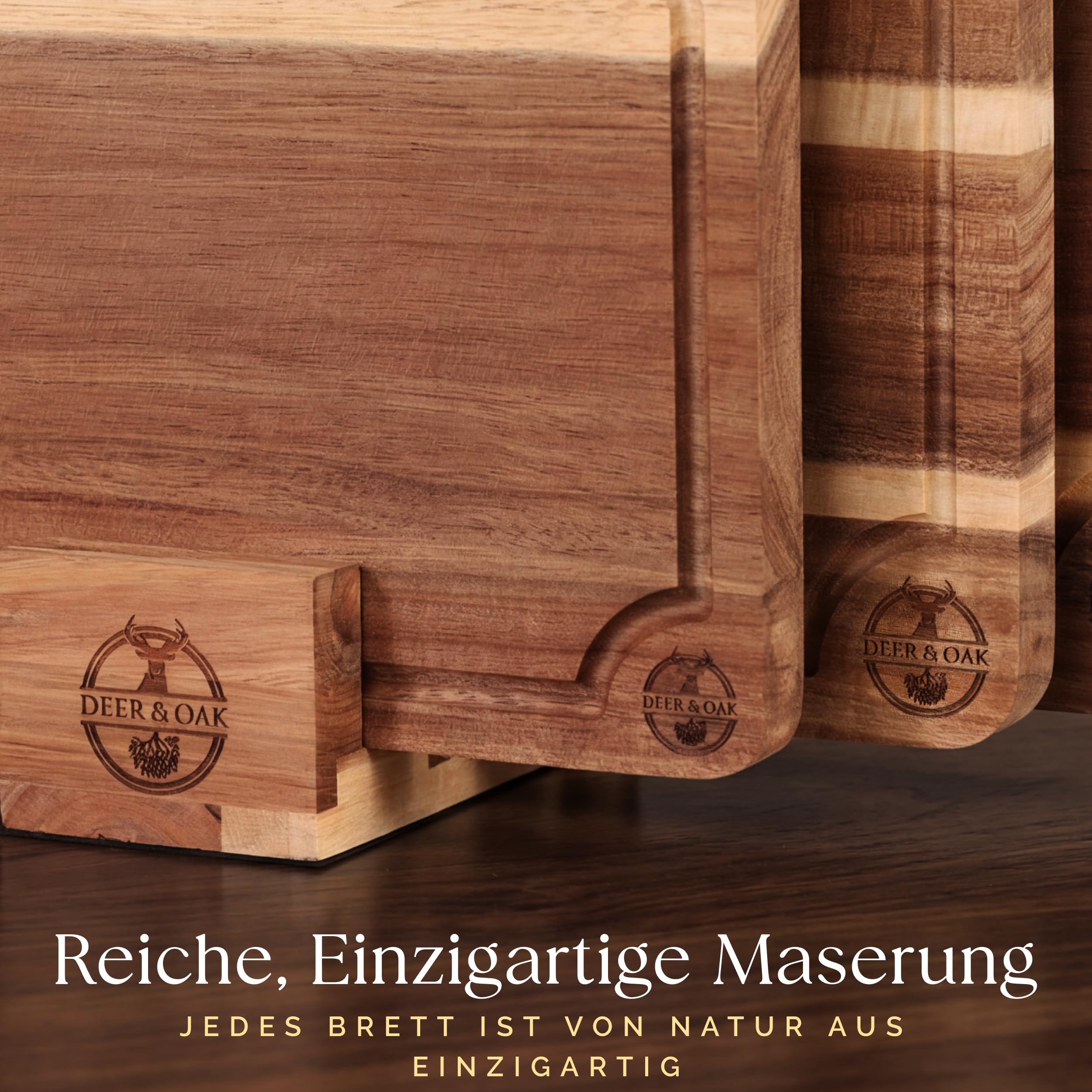 Deer & Oak 3-teiliges Akazien-Schneidebrett-Set mit Ständer, inklusive 250 ml Schneidebrettöl, FSC-zertifizierte, vorgeölte Schneidebretter aus Holz für Küchen, Hartholz-Küchenschneidebretter für 7