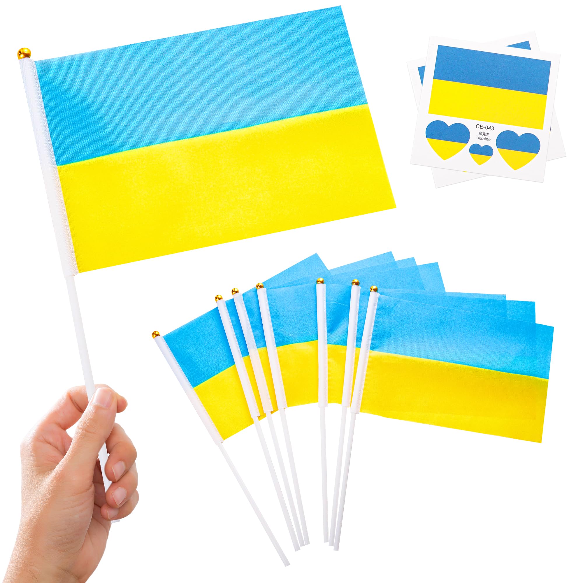 YAAVAAW 10pcs Small Ukraine Flags on Sticks & 2pcs Temporary Tattoos, Mini Ukraine Flags on Sticks Hand Held Flags for Euro Football 2024 Oly Games Sports Events Celebration Party Decorations — image 1