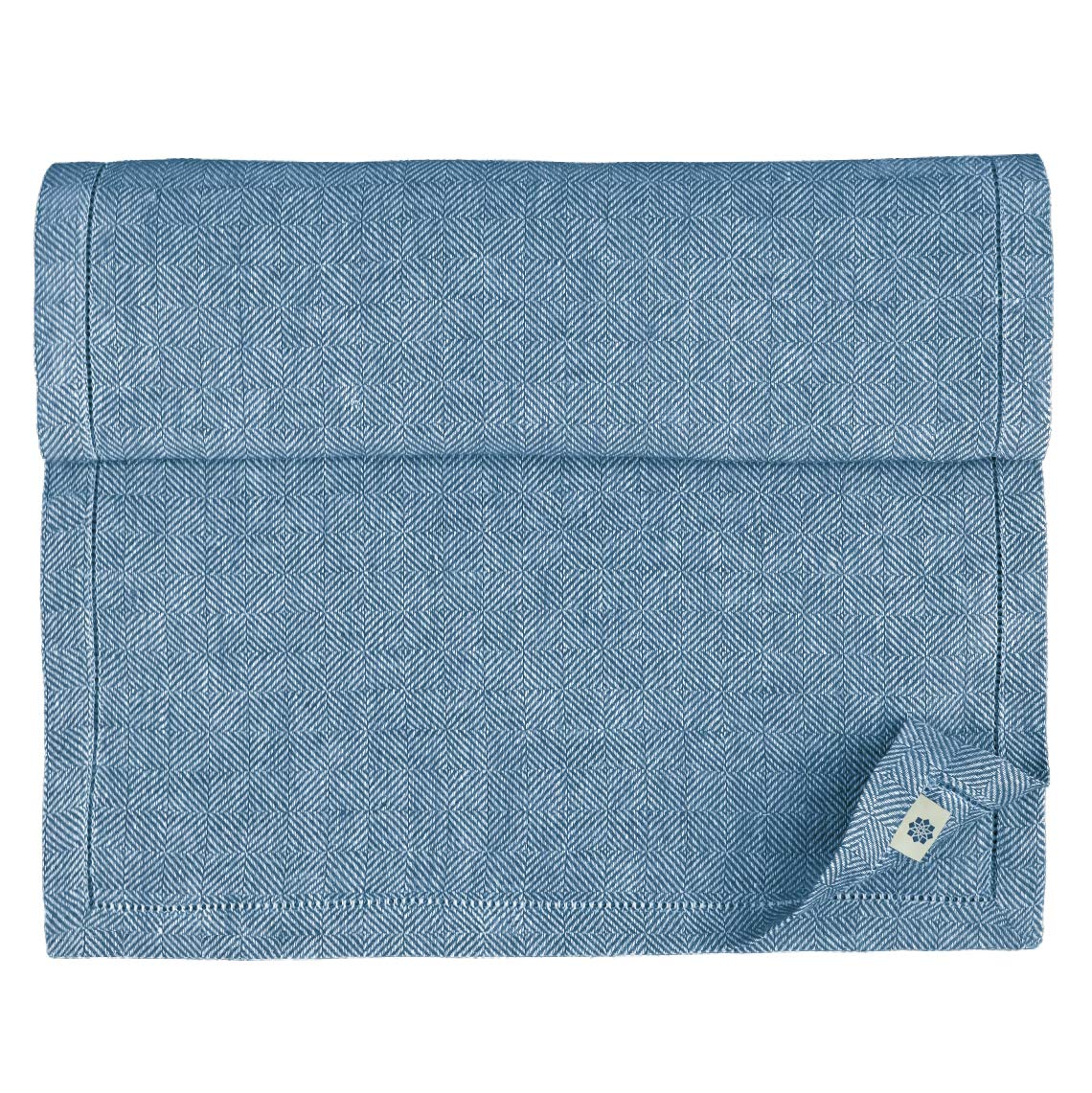 Linen & Cotton Hemstitched Table Runner SCANDI, 100% Linen - 44 x 270cm (17.6'' x 108''), Blue