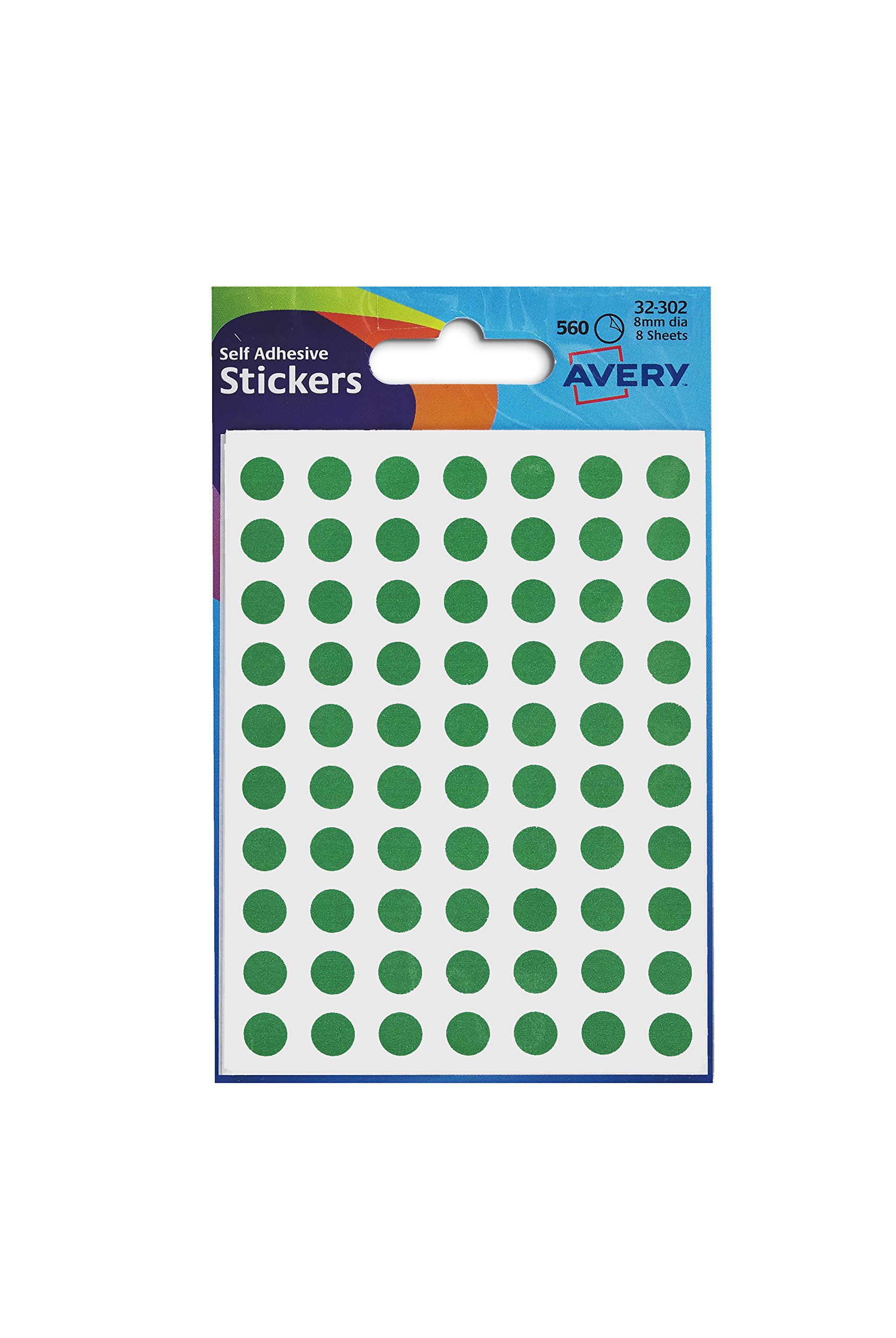 Avery Hand-writable, Easy-to-use, Dot Stickers, 8mm, Green, 70 Labels per Sheet, 560 per Pack (32-302)