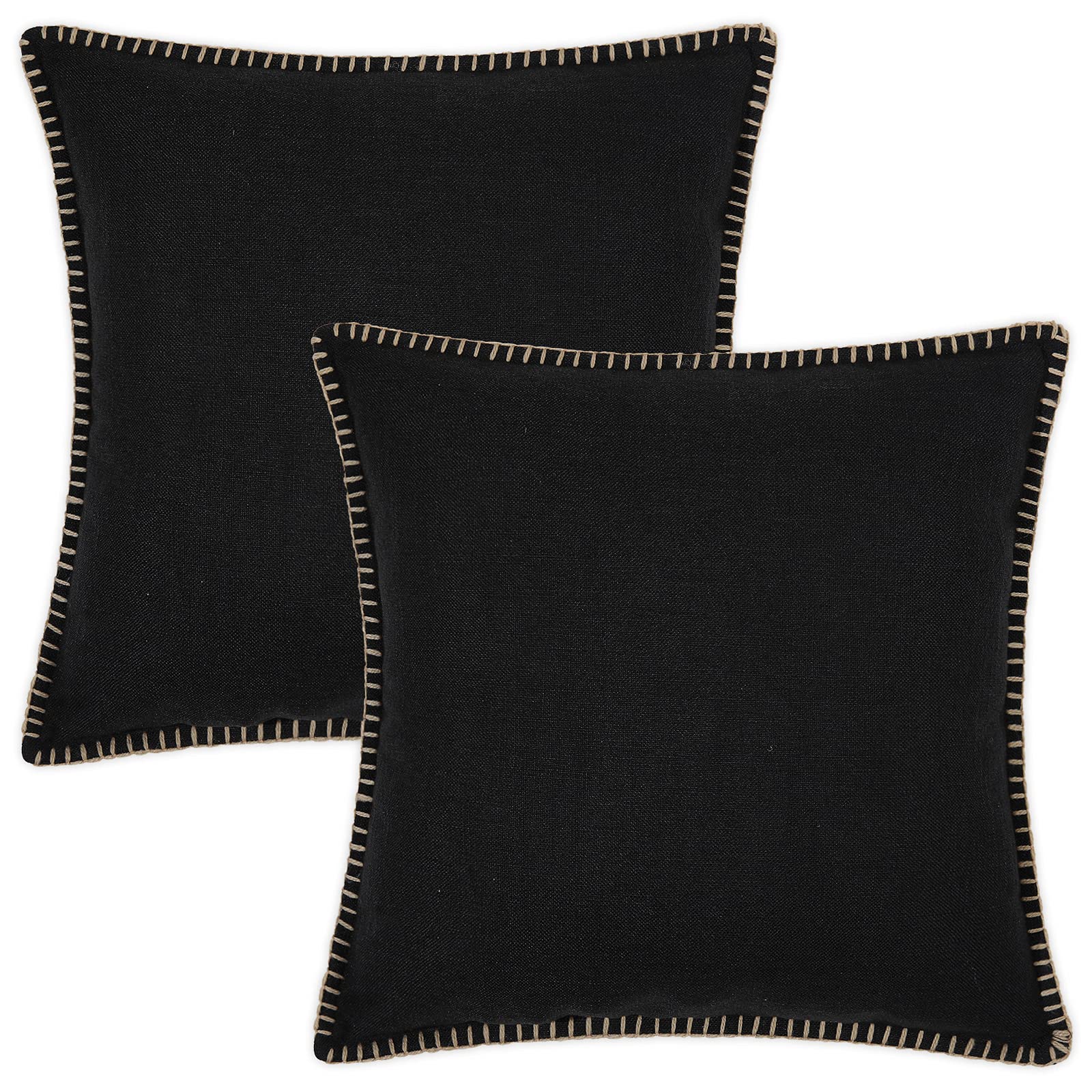 decorUhome Set of 2 Linen Cushion Covers 45X45cm,Decorative Outdoor Plain Vintage Cushion Covers with Stitched Edges, Square Farmhouse Neutral Pillow case 18x18 Inch for Sofa, Black