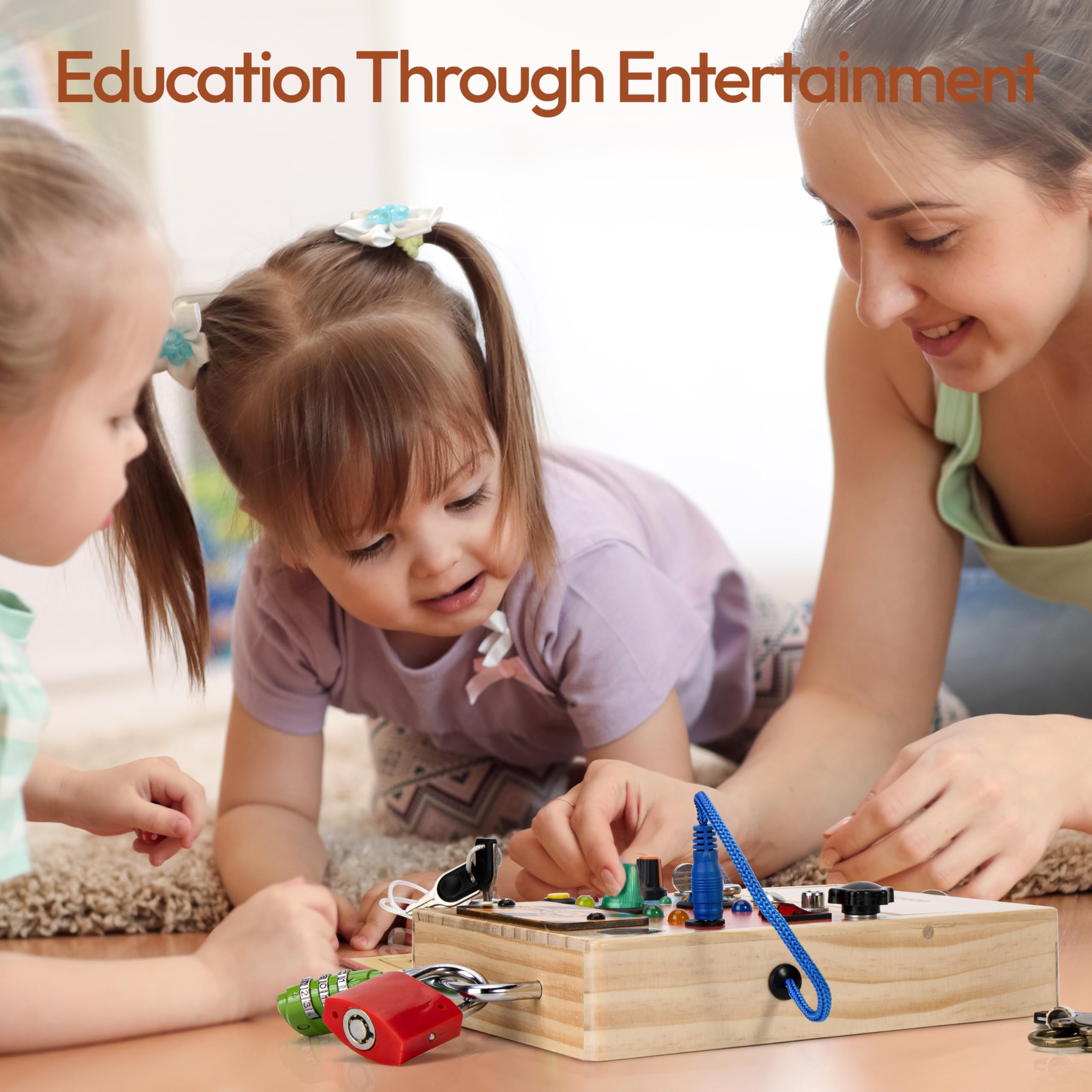 Woodtoe Montessori Toys for Toddler 3 4 5 Year Old, 3-in-1 Busy Board with LED Light Switch, Screwdriver Board Set, Lock and Key Toy, Educational Sensory Toys, Fine Motor Skill Christmas Toys for Kids