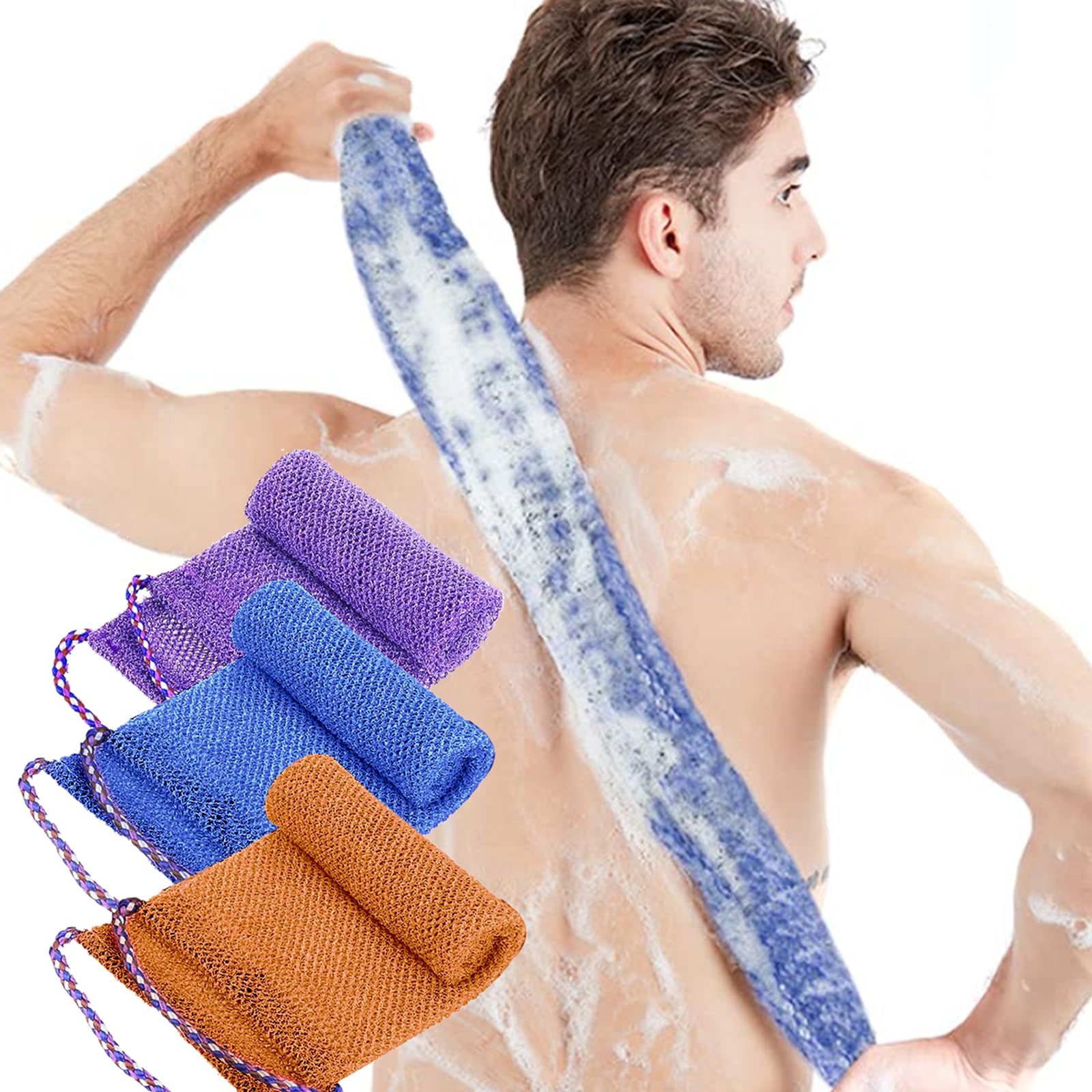 TENQUAN 3 PCS African Exfoliating Net Bath Sponge Exfoliating Body Scrubber Shower Scrubber Skin Smoother for Men Women Clean Clear Exfoliating Daily Wash(Purple Blue Coffee)