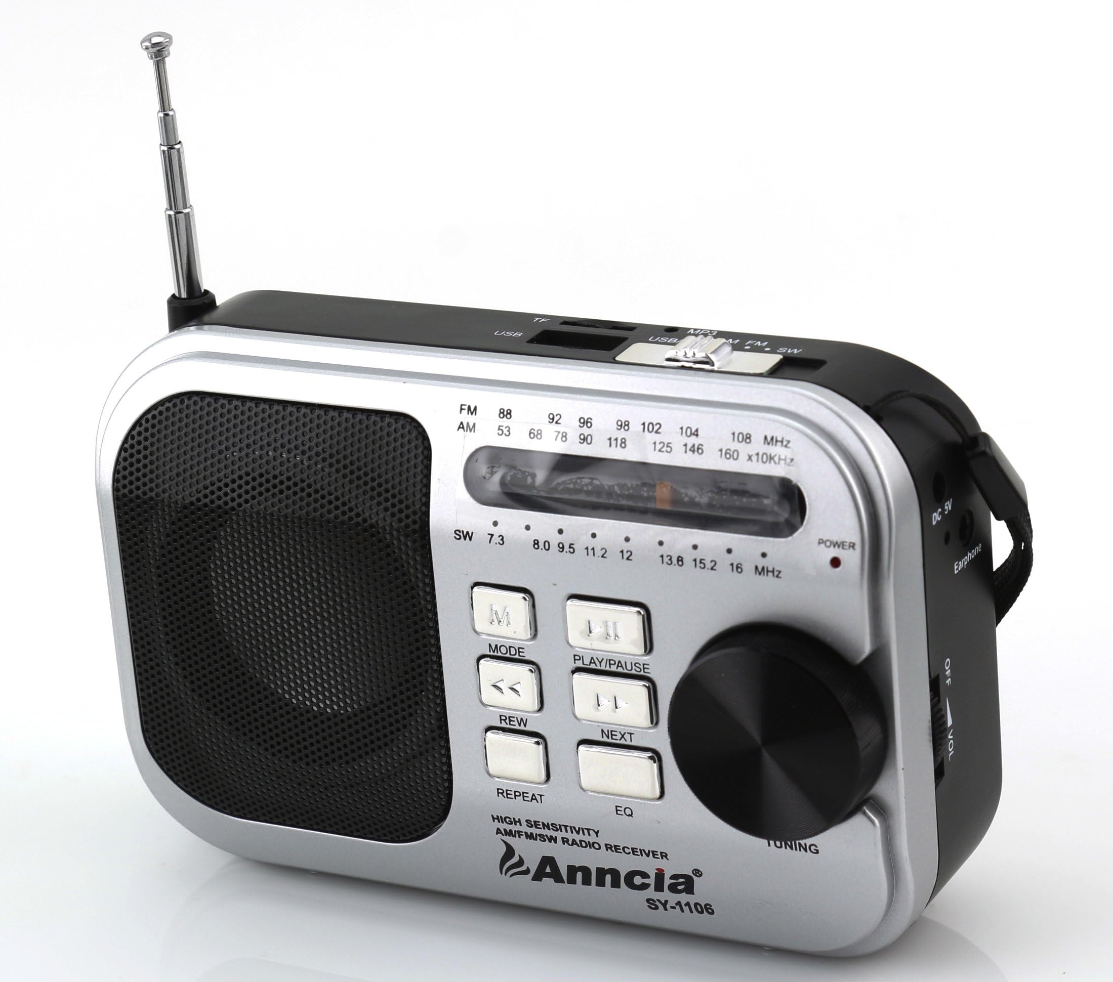 Anncia New Portable FM/AM/SW Radio Speaker with Micro TF Card and USB Flash Driver MP3 Player. (1106 Silver)
