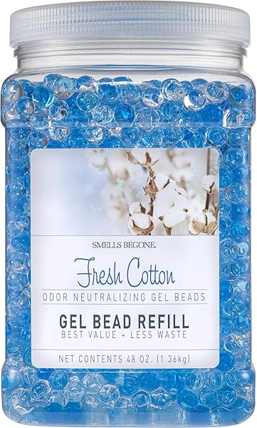 SMELLS BEGONE 48 OZ ODOR ELIMINATOR GEL BEAD REFILL – ELIMINATES ODORS FROM BATHROOMS, CARS, BOATS, RVS & PET AREAS – MADE WITH ESSENTIAL OILS – FRESH COTTON SCENT