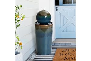 LUXENHÖME LuxenHome 30" Water Fountain Outdoor and Indoor, Glazed Blue Bubbling Sphere Ceramic Garden Outdoor Water Fountain, Elegant Modern Waterfall Garden Decor for Patio, Lawn, and Backyard