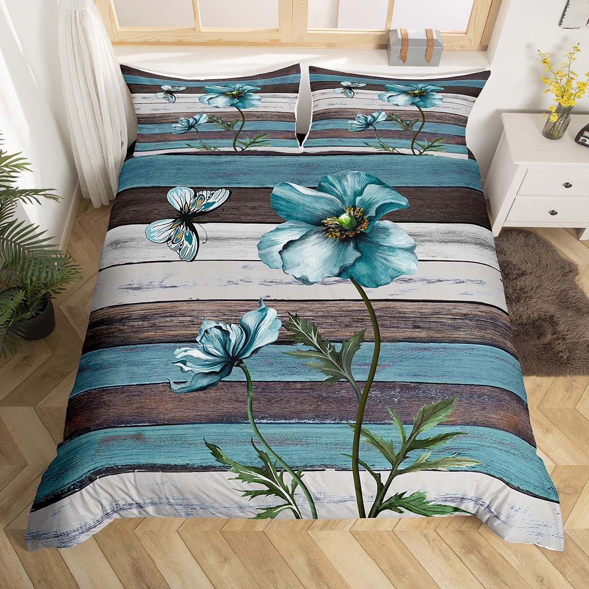 Teal Floral Duvet Cover Set Double Size, Flower Butterfly Comforter Cover with 2 Pillowcases, Rustic Farmhouse Bedding Set 3pcs for Kids Boys Girls Room Decor Vintage Wood Board Bedspread Cover — image 1