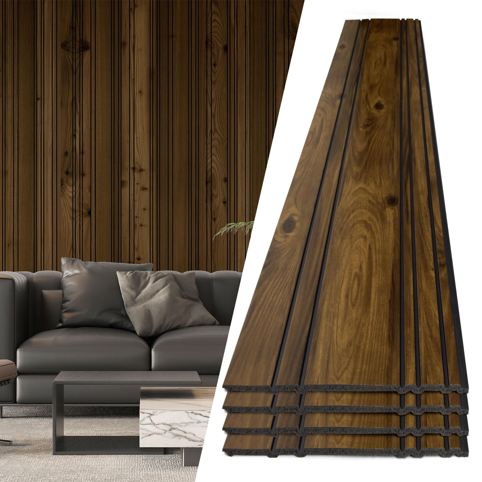 Photo 1 of Art3d 4-Pack Glue-On Wall Panels, Wood Grain Texture Interior Wall Decor, 104"x12" Recycled Polystyrene Wainscoting Panels, Low Emission for Living Room Bedroom,Natural Walnut