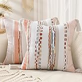 decorUhome Boho Decorative Throw Pillow Covers 18x18 Set of 2, Striped Chenille Tufted Pillow Covers with Tassels for Couch Bed Sofa, Cream White and Orange