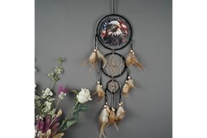 Triple Circles Wolf Eagle Bear Canvas Printing Dream Catcher Bedroom Wall Decor, Christmas Home Decoration,Widelife Wall Decoration Feather Decoration Remorlet (Eagle W/Flag)