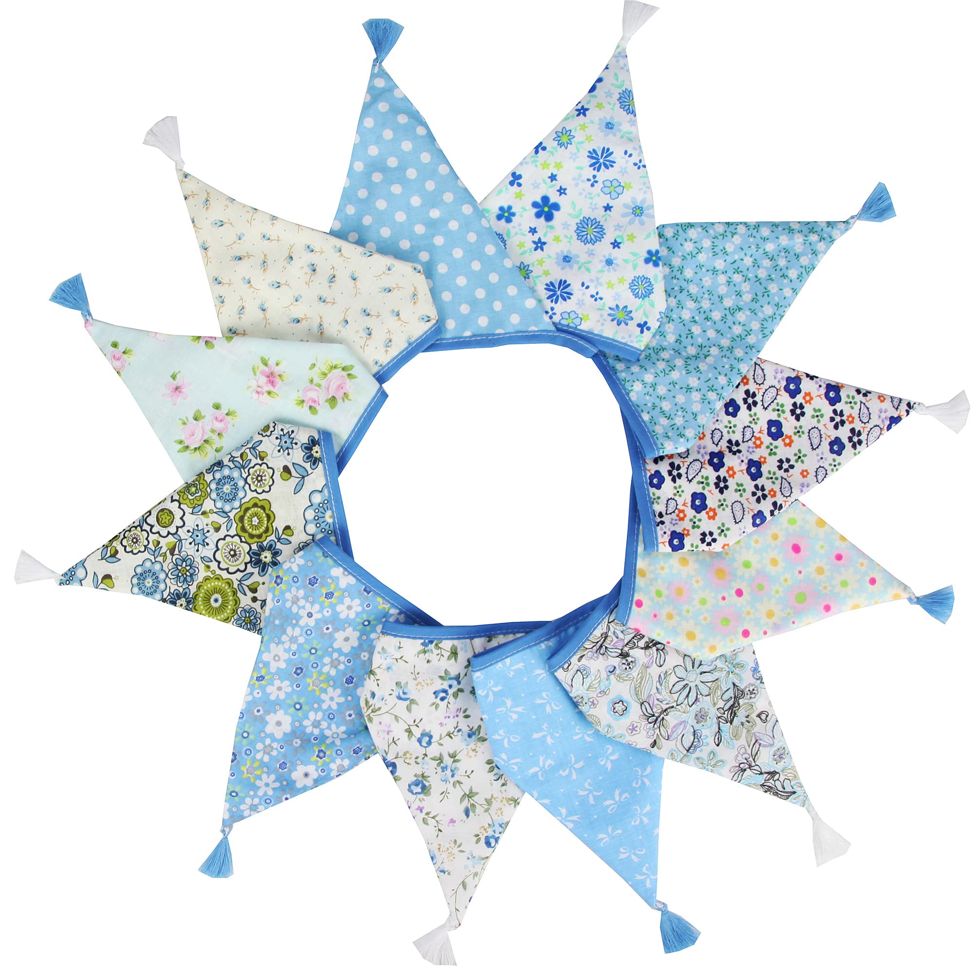 G2PLUS Fabric Bunting Banner with Tassel, 3.3M Double Sided Cotton Tassel Banner with 12 Blue Triangle Pennants, Vintage Cloth Garlands for Nursery Bedroom Playhouse Decoration