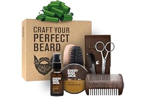Every Man Jack Beard Grooming Kit for Men - Includes Sandalwood Beard Oil & Beard Balm, Beard Brush, Wooden Dual-sided Comb, Trimming Scissors and Mustache Comb