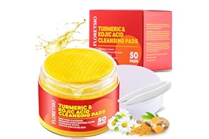 FLORETSIO Turmeric Kojic Acid Cleansing Pads: 50pcs Turmeric Exfoliating Cleansing Pads for Face Deep Pore Cleansing - Balance Oil & Moisture, Gentle Round Cotton Pads for Face -Travel Friendly